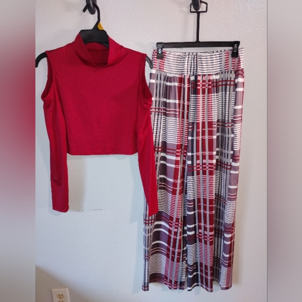 Red Plaid Women's Pants And Top